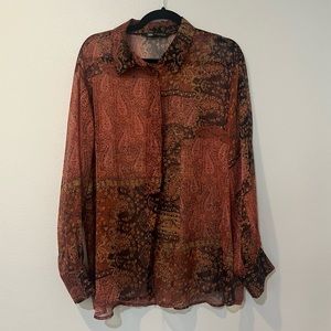 ZARA PINK RUST ORANGE MIXED PAISLEY PRINT LONG SLEEVE TOP BLOUSE